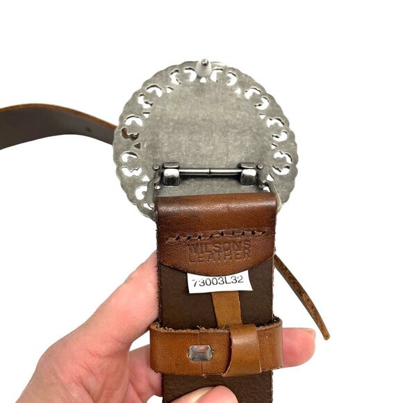 Wilsons Leather silver tone oval buckle stone belt Size M boho statement western - Picture 6 of 8